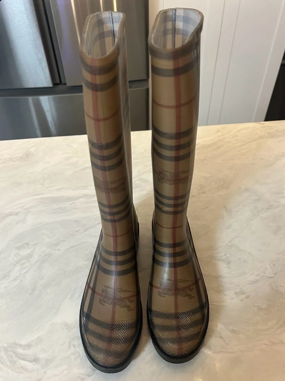 Burberry Beige Plaid Rubber Rain Boots